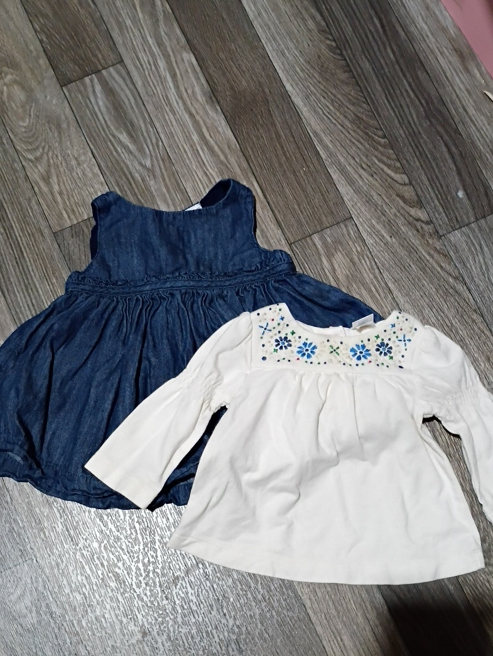 Girls Blue Denim Dress and White Embroidered Top Set - New